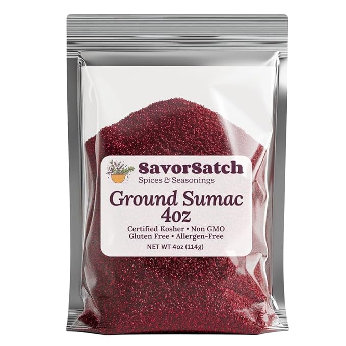 SavorSatch Ground Sumac ??4oz Resealable Pouch | Certified Kosher, GMO Free, Allergen-Free | Tangy, Deep Red Spice for Middle Eastern Cooking, Salads, and Meats | Product of Turkey