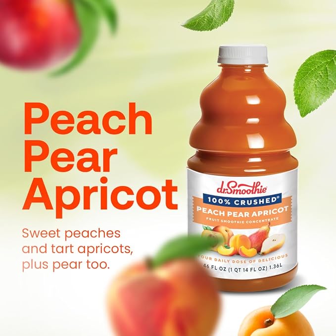 Dr. Smoothie 100% Crushed Peach Pear Apricot ??No Added Sugar, Made with Real Fruits/Fruit Juice ??Vegan, No Artificial Colors or Flavors ??Juicy Sweet Peaches, Tart Apricots & Pears ??46 oz Bottle