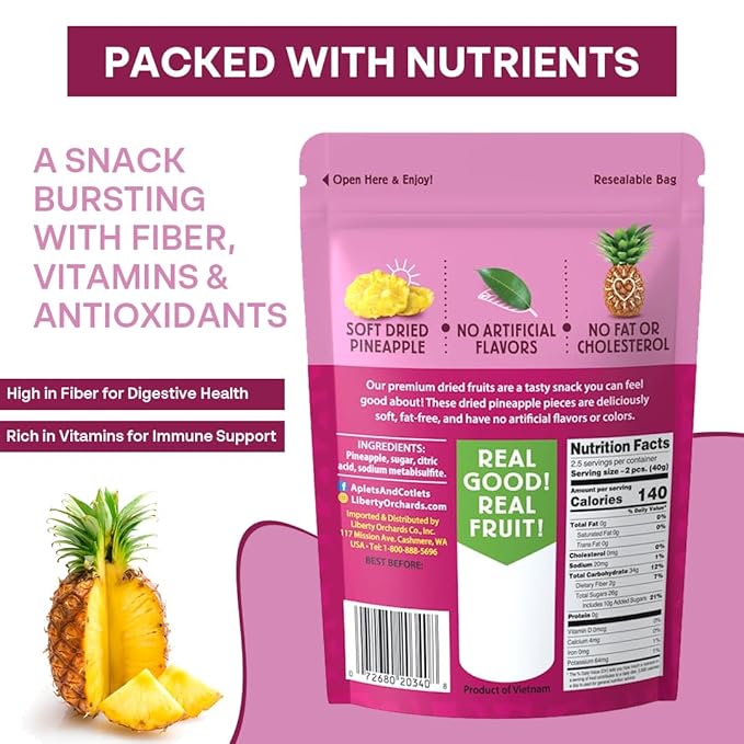 Liberty Orchard Organic Whole Dried Pineapple - Deliciously Sweet Dried Fruit Snack Packed with Fiber & Vitamins Vitamins - Healthy Snack Ideal for Smoothies, Salads, & Baking - 5 Pack