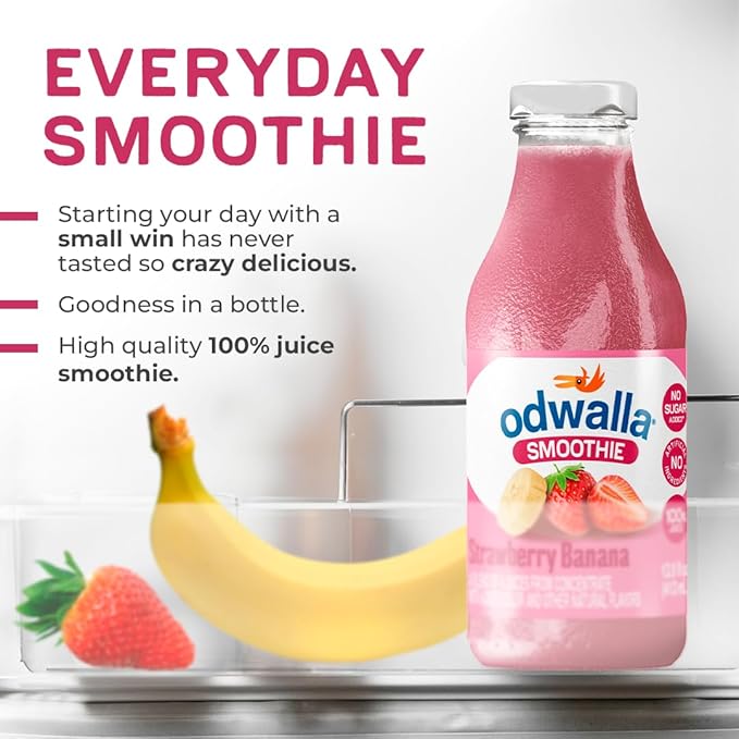 Odwalla Strawberry Banana Smoothie - Fruit Smoothie Mix Ready to Drink - Juice Blend, No Added Sugar, No preservatives, Kosher 13.9 oz Glass Bottles (12 Pack)