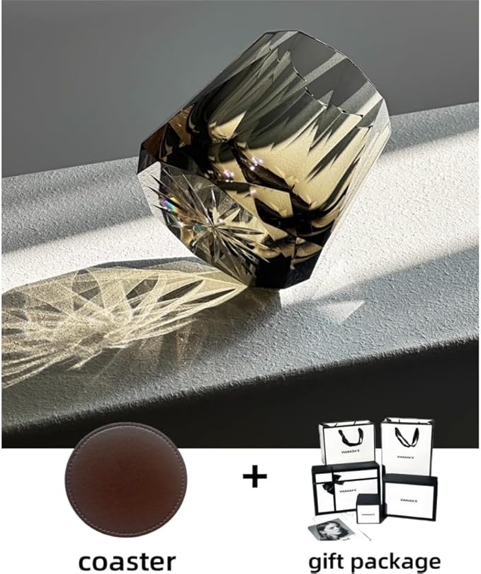 Crystal Whiskey Glass, Geometric Cut Design, Smoke Gray, 300ml Premium Cocktail Tumbler (gray)