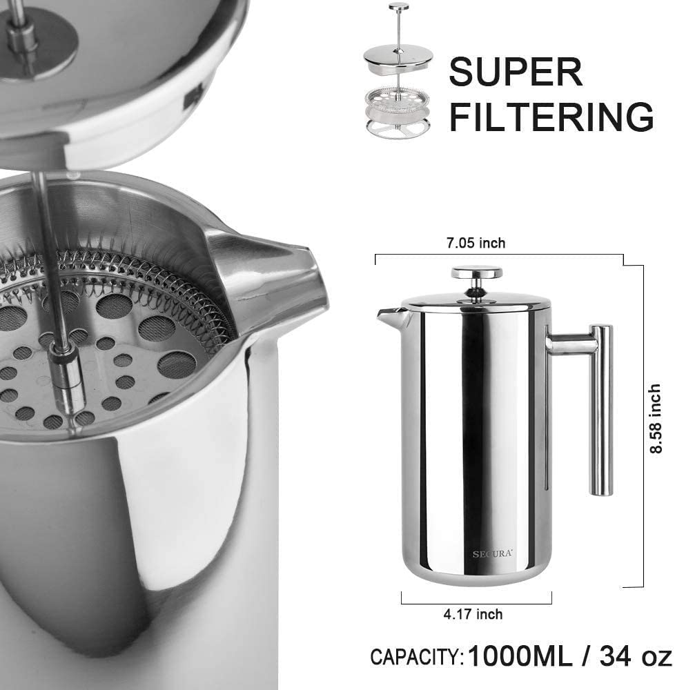 Secura French Press Coffee Maker, 304 Grade Stainless Steel Insulated Coffee Press with 2 Extra