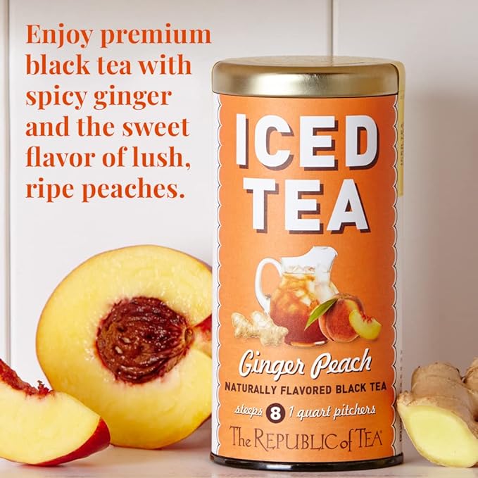 The Republic of Tea – Ginger Peach Black Iced Tea Bags, 8 Large Quart-Sized Iced Tea Pouches, Naturally Caffeinated