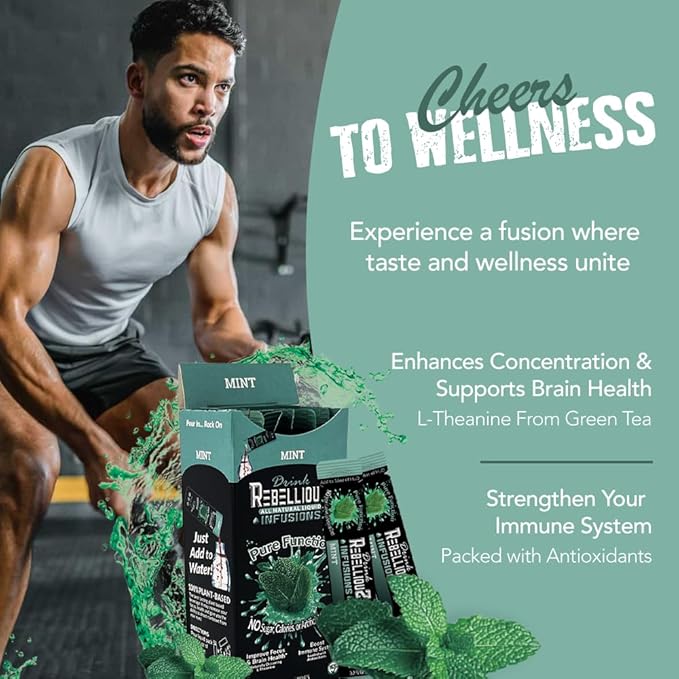 Rebellious Mint Organic Drink Mix ??Organic Zero Calorie Energy Drink Mix | Monk Fruit & Green Tea Extract | L-Theanine + Natural Caffeine | 100% Plant-Based | Pack of 10 | Keto, Kosher, Gluten-Free
