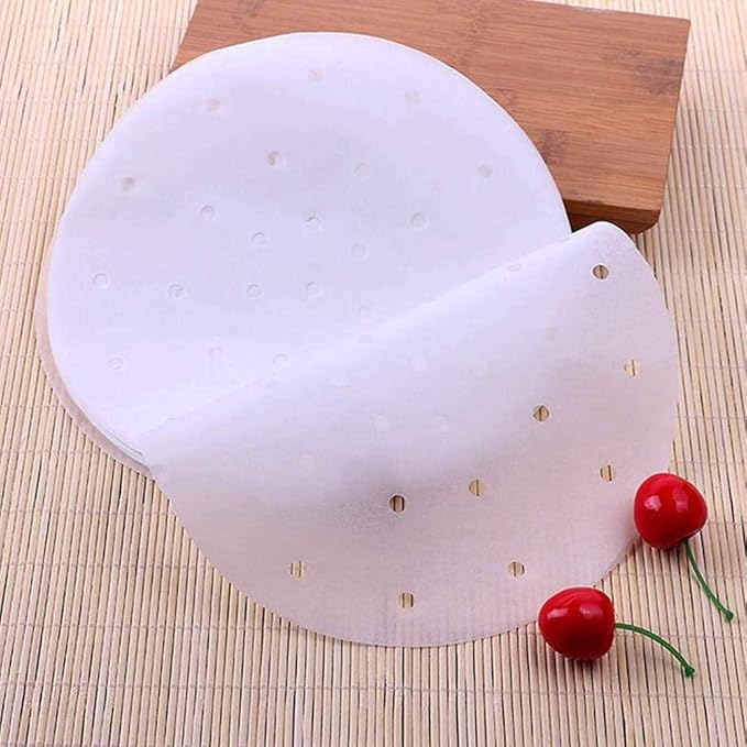 100pcs Air Fryer Liners, 10 inches Bamboo Steamer Liners, Premium Perforated Parchment Steaming Papers, Non-stick Steamer Mat Liner for Air Fryers Baking Cooking Oven
