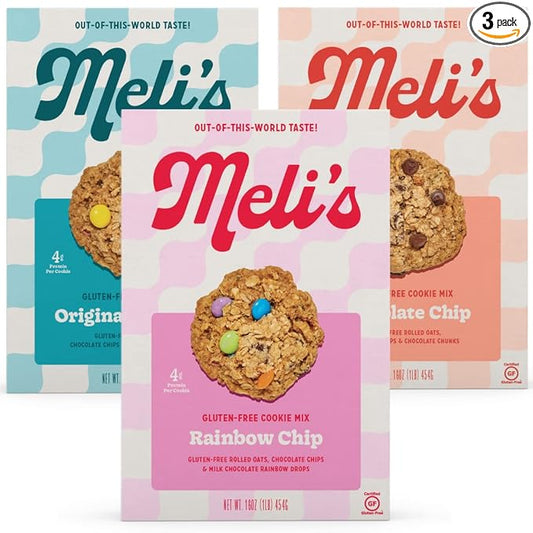 Meli?셲 Gluten Free Cookie Mix, Cookies Variety Pack - Original Monster, Chocolate Chip & Rainbow Chip, High Protein Baking Mix, Easy Bake Oven Mixes for Sweet Treats & Desserts, 16oz Box,3-Pack