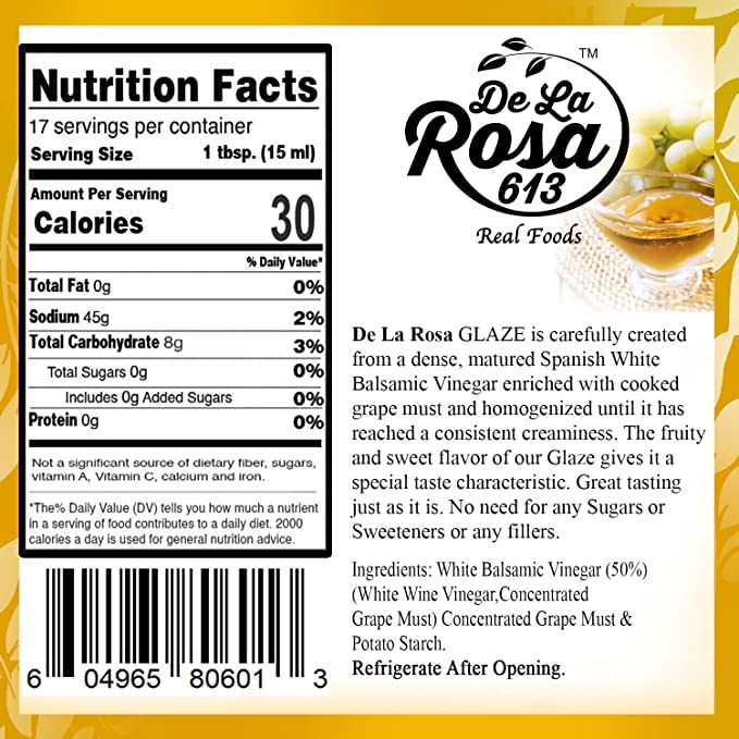 De La Rosa White Balsamic Glaze, Kosher for Passover, Vegan, Non-GMO & Gluten Free, Great for Salad Dressing, Marinades, Toppings & More, Balsamic Vinegar Glaze, 8.45 Oz (Pack of 2)