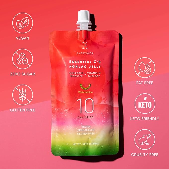 EVERYDAZE Essential C?셲 Konjac Jelly | Watermelon | Vegan Collagen Peptides and Vitamin C | Gluten Free, Sugar Free, Low Calorie | Healthy Drinkable Fruit Snack | 10 Pack Box Food Drink Pouch