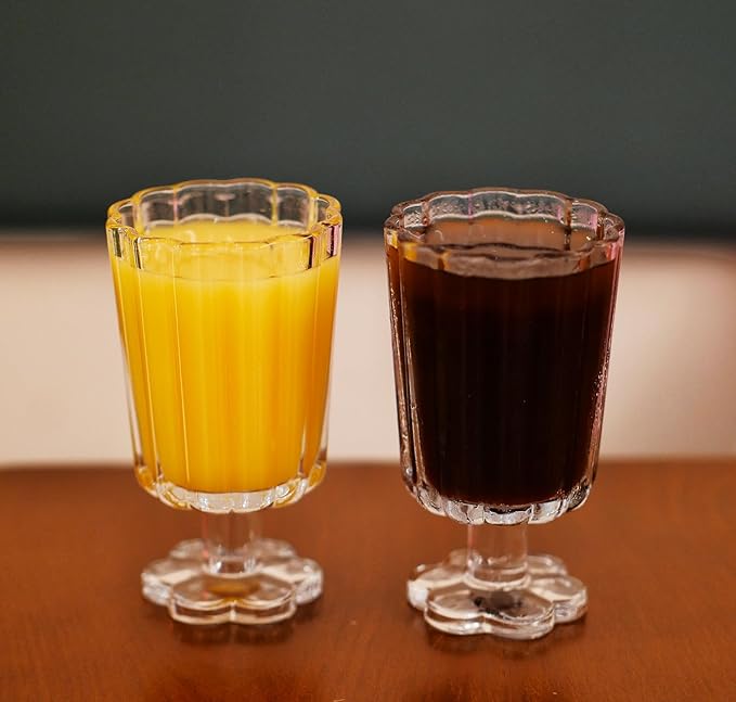 Footed Ice Cream Cups Drinking Glasses Set of 2 (Transparent), Flower Petal Style Glass Goblet, Suitable for Juice, Ice cream, Cocktails, Dessert & More.