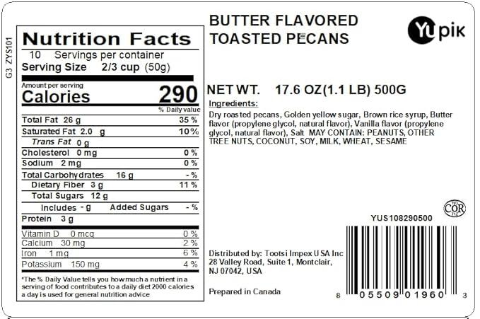 Yupik Butter Flavored Toasted Pecans, 1.1 lb, Sweet & Salty Crunchy Gourmet Snack, Roasted Pecans Butter Glazed, Vegan