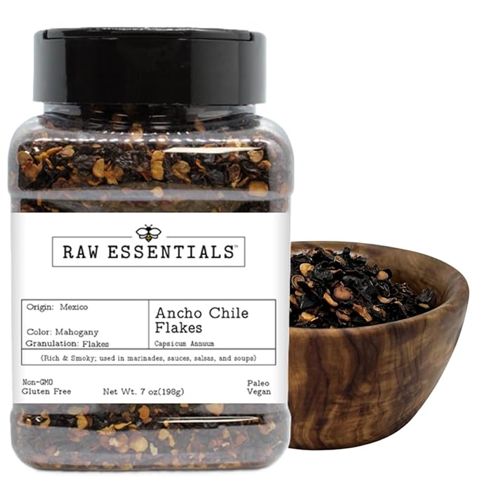 Raw Essentials Ancho Chile Flakes - Rich & Smoky Flavor - Great for Marinades, Sauces, Salsas, & Soups - Non-GMO, Gluten Free, Paleo, & Vegan - 7 Ounce Bottle