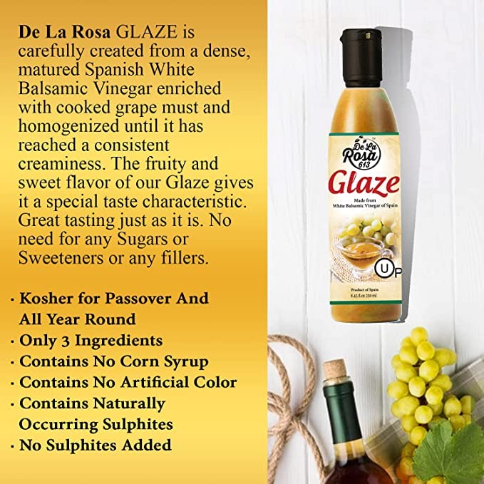 De La Rosa White Balsamic Glaze, Kosher for Passover, Vegan, Non-GMO & Gluten Free, Great for Salad Dressing, Marinades, Toppings & More, Balsamic Vinegar Glaze, 8.45 Oz (Pack of 2)