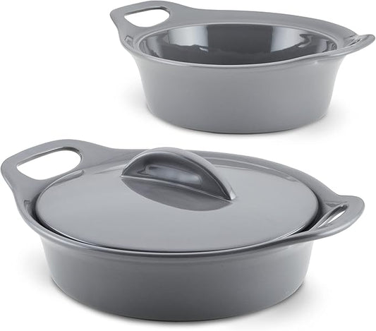 Rachael Ray Solid Glazed Ceramics Casserole Bakeware/Baker Set with Shared Lid, 3 Piece, Dark Gray