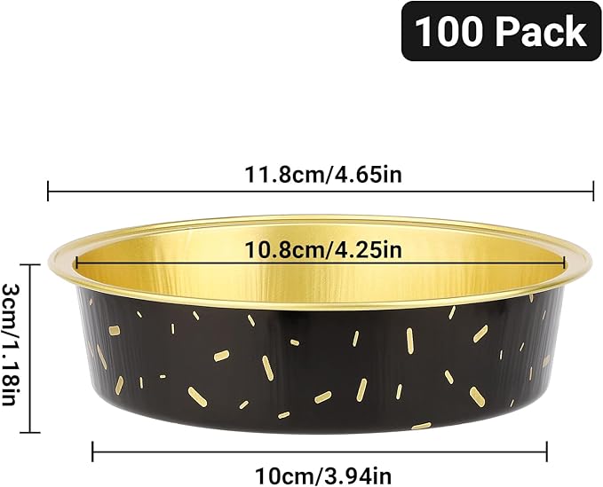 Beasea Disposable Baking Cups, 100 Pack 7.3oz 215ml Aluminum Ramekins Foil Baking Cups 4" Cupcake Aluminum Mini Baking Cups No Lids for Party - Gold/in Black