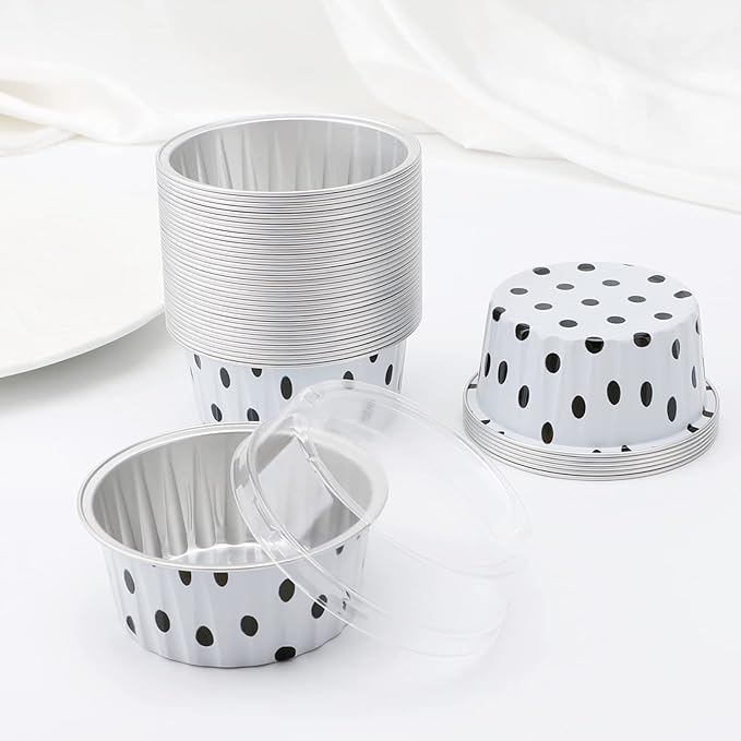 EUSOAR Aluminum Foil Muffin Liners, 30pcs 5oz Aluminum Foil Muffin Liners Cupcake Baking Cups, Mini Pie Pans with Lids, Disposable Foil Baking Cups Containers for Creme Brulee or Cupcake-Polka Dot