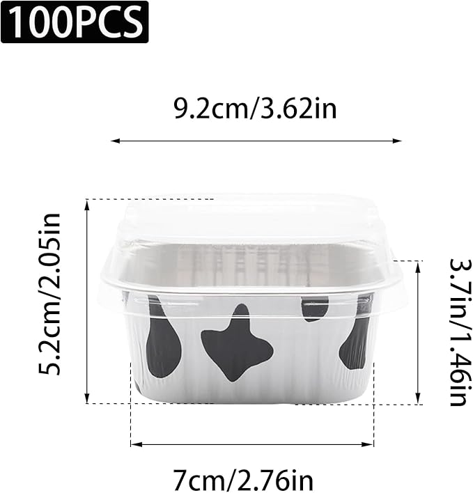 100 Pack 5oz Aluminum Pans with Lids Mini Square Foil Baking Cups with Lids Cupcake Baking Holders, Cow Print