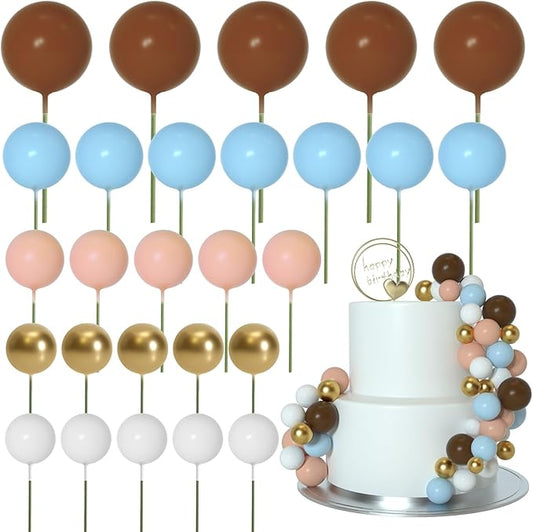 ASTARON 50 Pcs Ball Cake Topper Sticks Mini Balloons for Cake Decorating Supplies Foam Balls Cake decorations for Baby Shower Cake Birthday Cake Toppers Decorations (Light Blue, Brown)