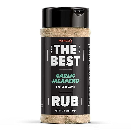 Kosmos Q The Best Garlic Jalapeno Rub, Garlic Jalapeno Pepper Seasoning & BBQ Dry Rub For Chicken, Shrimp, Wings, Salmon, Grilled Veggies & More, Bold Savory BBQ Spice Blend, 15.1 Oz Shaker Bottle