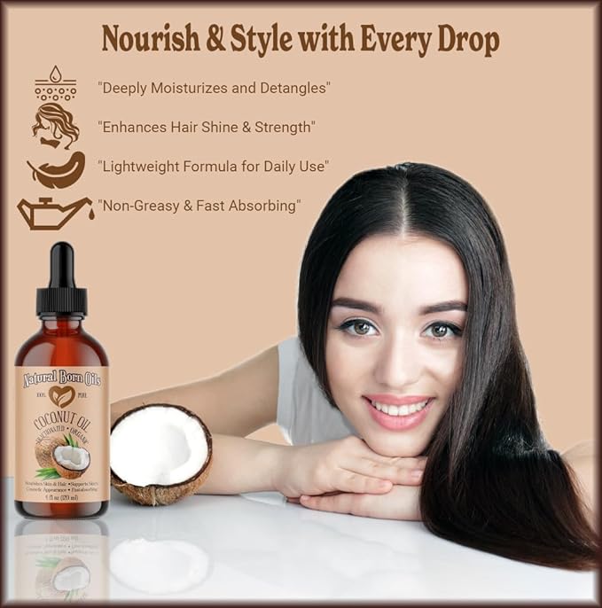 Coconut Oil Fractionated, 16oz, Organic, Cold-Pressed, Carrier Oil, Fast-Absorbing, Deep Skin Care, Hair Health, Natural Born Oils.