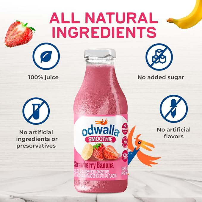 Odwalla Strawberry Banana Smoothie - Fruit Smoothie Mix Ready to Drink - Juice Blend, No Added Sugar, No preservatives, Kosher 13.9 oz Glass Bottles (12 Pack)