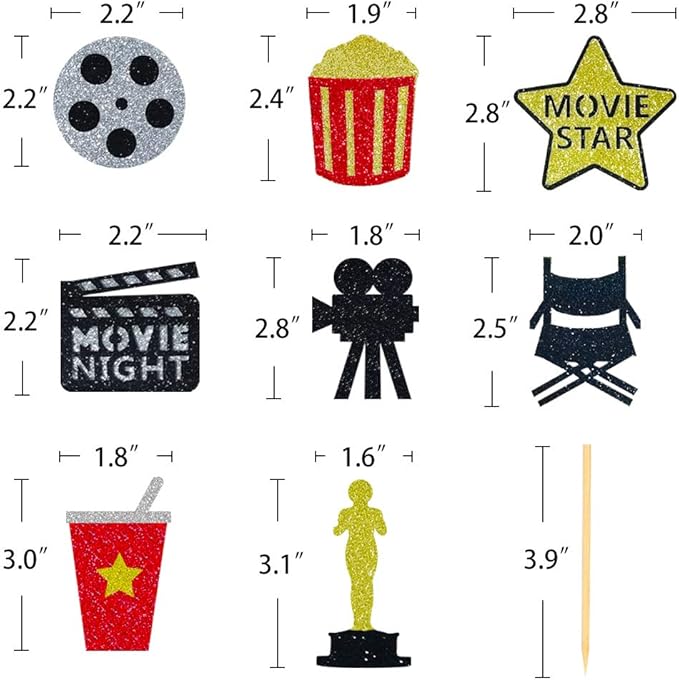 Theater Cupcake Toppers Cake Decoration for Birthday Movie Night Party Supplies Food Pick - Set of 24
