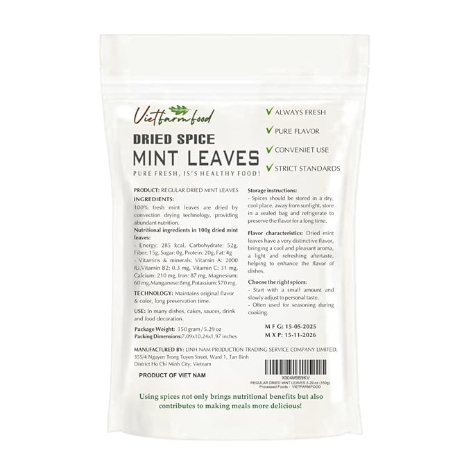 REGULAR DRIED MINT 5.29 Oz (150g) VIETFARMFOOD: Natural pure, convection dried seasoning made from real vegetables - perfect for adding flavor to any meal, from cooking, baking, salads, soups, sauces