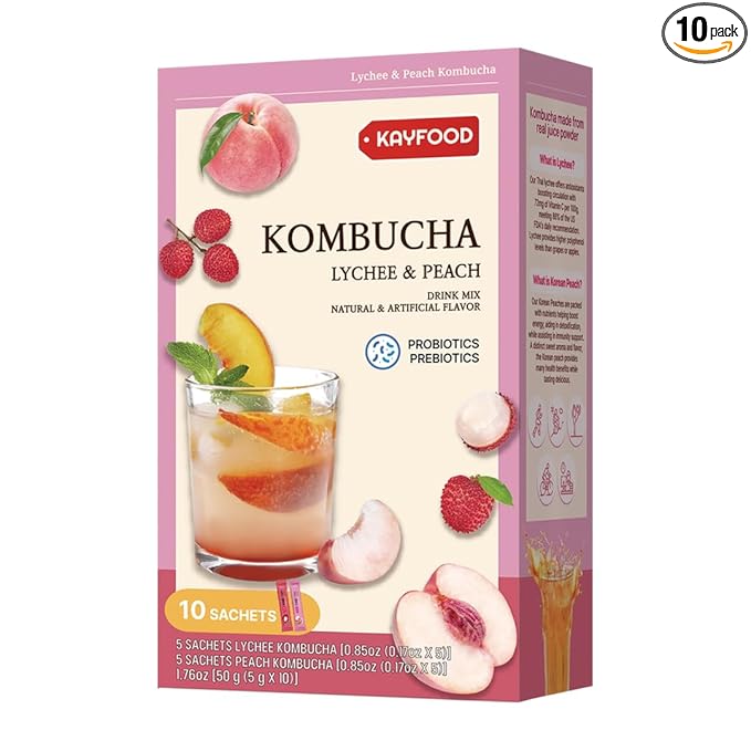 KAYFOOD-Kombucha-Peach-Garden-Daily Zero Sugar, Diet, Gut Healthy Sparkling Beverage, Fermented Korean Drinks for Iced, Hot, Workout Tea (10ST) (10ST, Lychee&peach)