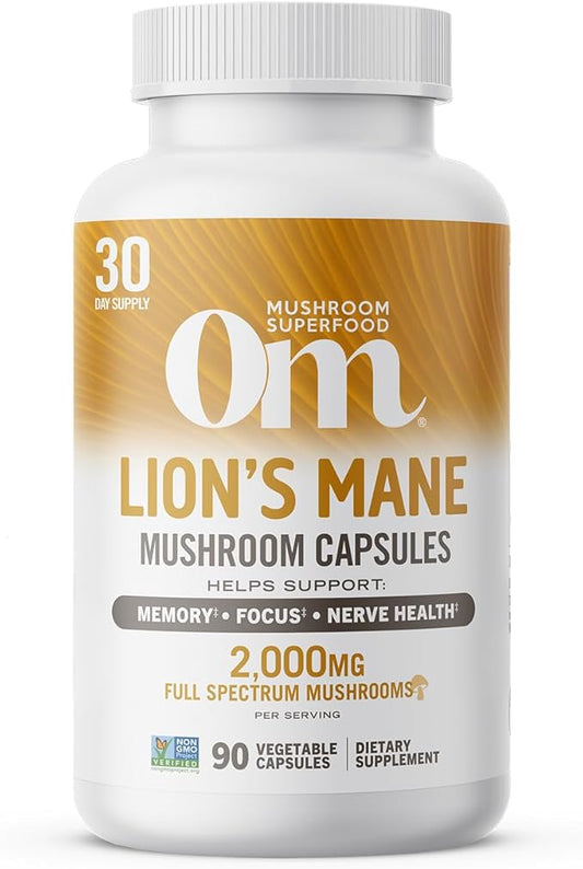 OM MUSHROOM SUPERFOOD Lion's Mane Mushroom Capsules Superfood Supplement, 90 Count, 30 Day Supply