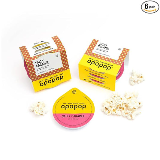 Opopop Microwave Popcorn - Pop Cups Salty Caramel 6-Pack, Non-GMO Gourmet Popcorn Kernels & Popcorn Flavoring, Caramel Popcorn, Gluten Free Snacks, Easy to Make and No Mess