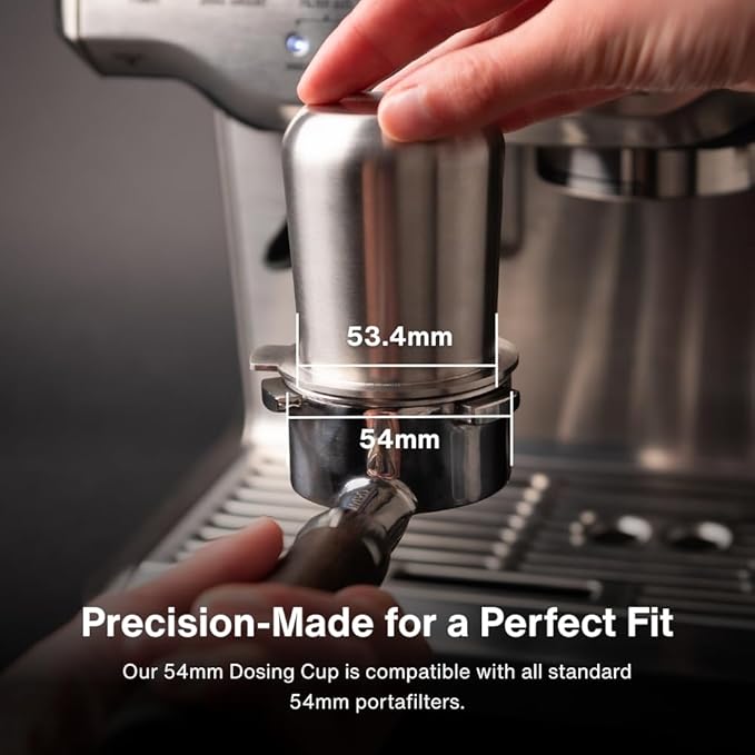 Crema Coffee Products 54mm Dosing Cup | Compatible with Breville Portafilters etc | Durable 100% Stainless Steel | Built-In Grinder Tab for Easy Transfer | Sleek, Mess-Free Design | White Finish