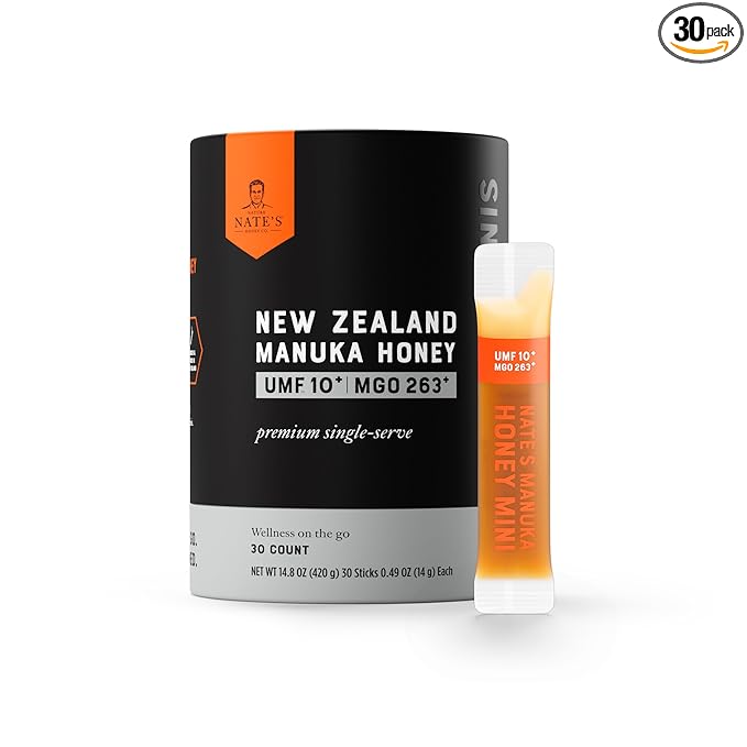 Nate's Manuka Honey Minis - 30 count Single-serve, Pure Manuka Honey - MGO 263+ | UMF Certified 10+ - 30 Single-Serve Packets for On-the-Go Daily Wellness