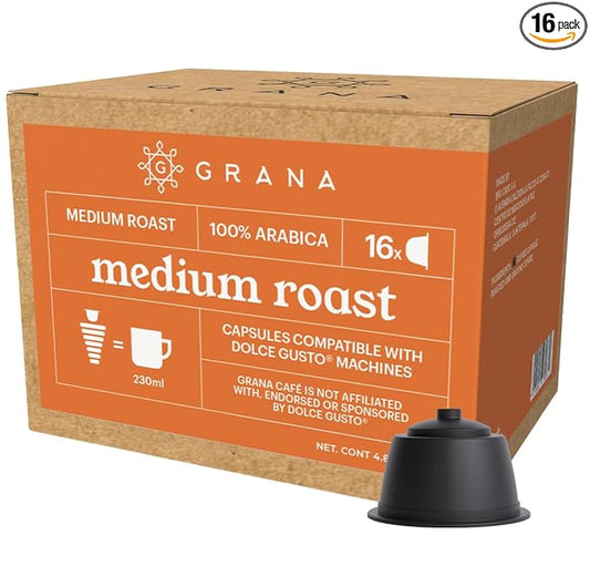 GRANA Medium Roast 16 Capsules Compatible with Nescafe Dolce Gusto - 16 count - 100% Arabica, Single Source, Clean Coffee Pods