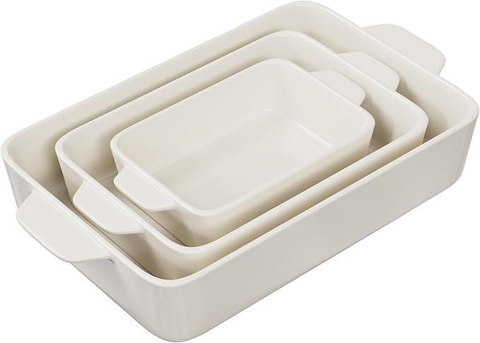 Kook Casserole Dishes for Oven, Ceramic Bakeware Set, Rectangular Baking Dishes, For Casseroles, Lasagna, Cake, Small, Medium & Large Pans, Microwave & Dishwasher Safe, Set of 3 (Cream)