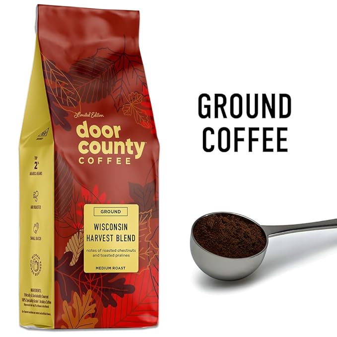Door County Coffee Wisconsin Harvest Blend Flavored Coffee Ground - 8 oz Bag - Fall Seasonal - Medium Roast - 100% Specialty Arabica - Roasted Chestnuts & Toasted Pralines