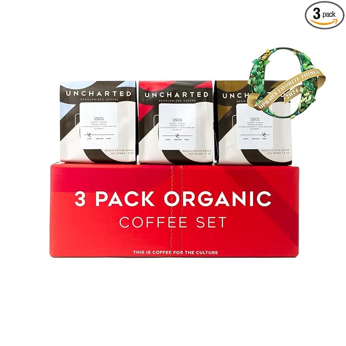 Single-Origin Organic Coffee Beans Gift Box, Light, Medium or Dark Roast Organic Whole Bean Coffee, 3 Pack Explorer, 9 oz each, 1740 Peru by Uncharted Coffee