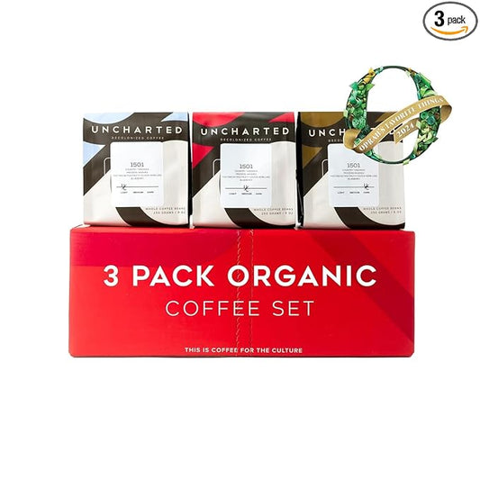 Single-Origin Organic Coffee Beans Gift Box, Light, Medium or Dark Roast Organic Whole Bean Coffee, 3 Pack Explorer, 9 oz each, 1740 Peru by Uncharted Coffee