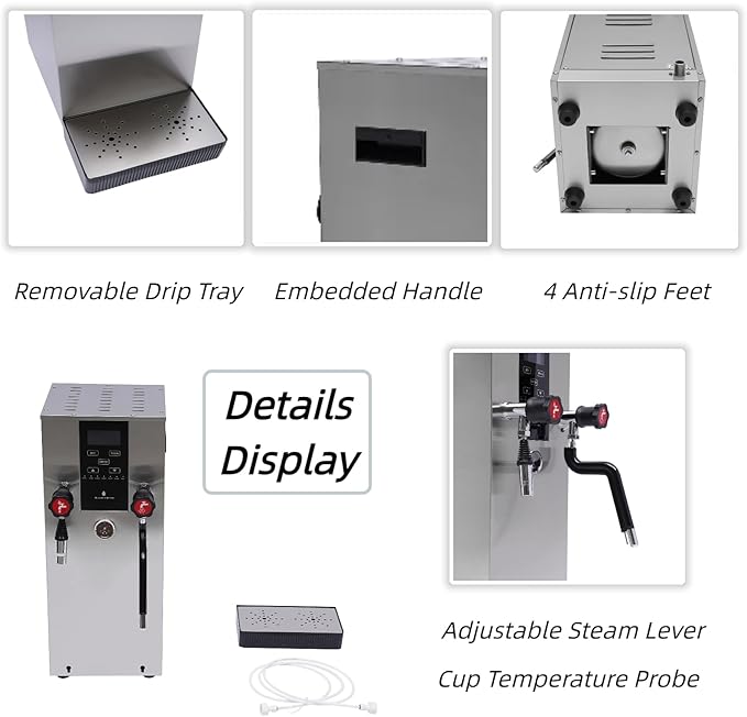 4-in-1 12L Espresso Commercial Coffee Machine Stainless Steel Steam Water Boiling Machine with LCD Screen for Heating Drinks Brewing Tea Boiling Water Foaming Milk, 2300W 110V