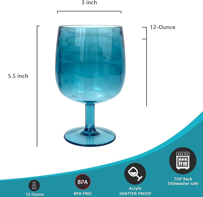Yalin Set of 6 Unbreakable 12 oz Acrylic Plastic Wine and Water Tumbler Stackable Goblets. (Cyan, 12 oz)