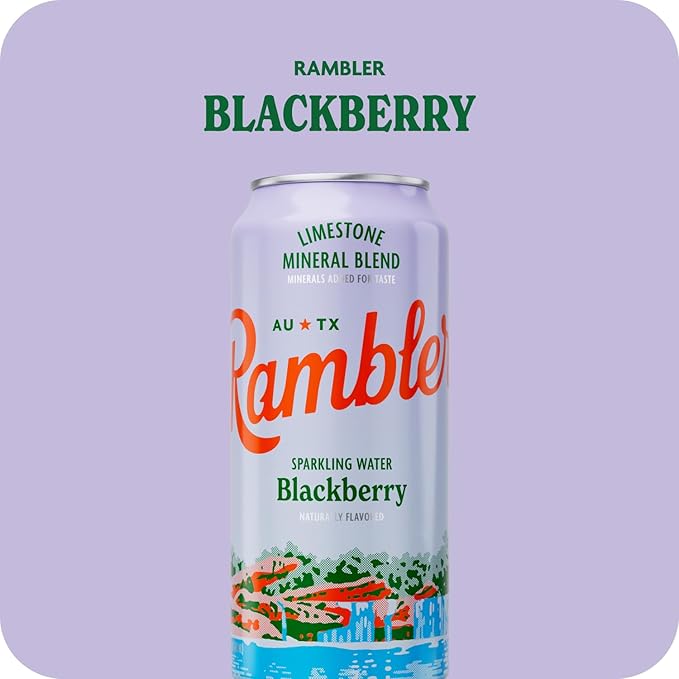 AUTX RAMBLER Sparkling Water, Texas Limestone Mineral Blend, Blackberry Flavor, 16-Ounce Tallboy Cans, 12-Pack