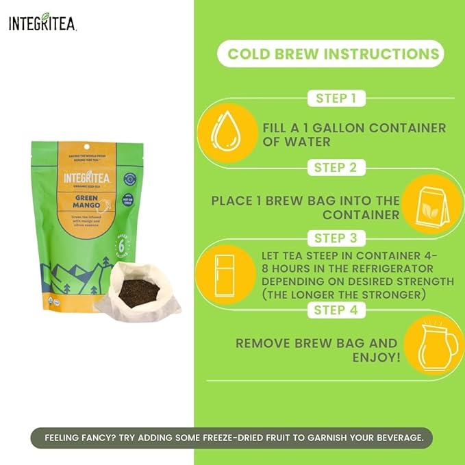 IntegriTEA Green Mango Flavored Green Tea, 6 Organic Unsweetened Iced Tea Bags, 6 Gallons, Hot or Cold Brew, Fairly & Sustainably Sourced