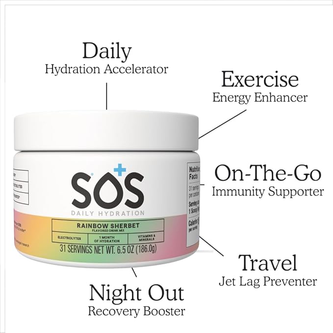 SOS Hydration Electrolyte Drink Mix (31 Servings) ??Low Sugar, 15 Calorie, Keto-Friendly & Rapid Rehydration (31 Servings, Rainbow Sherbert)