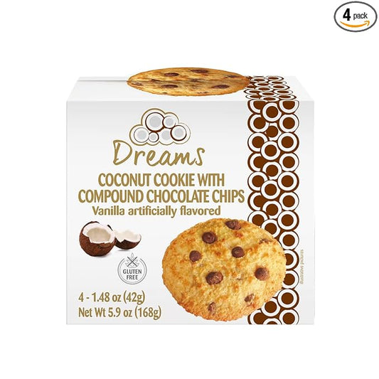 Coconut Cookie with Compound Chocolate Chips – Macaroons, Vegan Snacks, Gluten-Free, Protein and Nutrient Packed – DREAMS COCONUT – Pack of 4 (x 1.48oz/42g), 5.92oz/ 168g