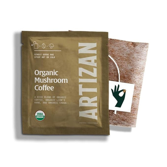 Artizan Organic Single-Serve Mushroom Coffee Bags – Lion’s Mane + Chaga | Half Caff | Full City Plus Roast | 10 Count | No Equipment Needed | Specialty-Grade Craft Roasted, Nitro-Sealed, Compostable