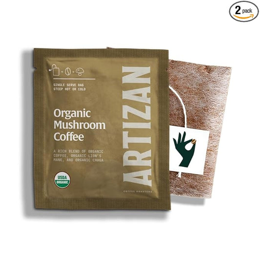 Artizan Organic Single-Serve Mushroom Coffee Bags – Lion’s Mane + Chaga | Half Caff | Full City Plus Roast | 20 Count | No Equipment Needed | Specialty-Grade Craft Roasted, Nitro-Sealed, Compostable