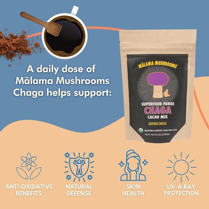 Malama Organic Mushroom Hot Cacao Mix, Chaga Mushroom Powder with Fair Trade Cacao for Immune & Antioxidant Support ??Vegan Supplement & Superfood, Non GMO, 3.5 oz (50 Servings)