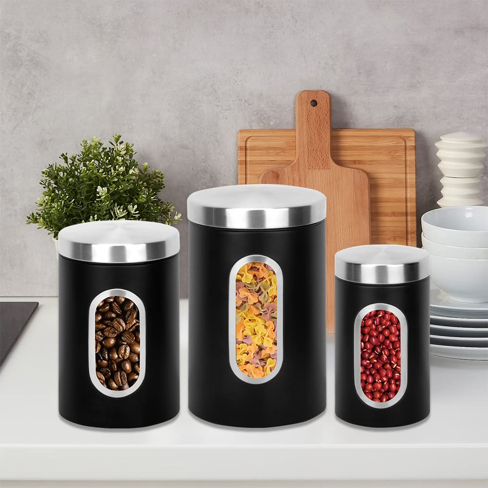 AEUNKIUO Black Kitchen Counter Canister set 3 pieces, 0.9/1.6/2.9 Quarts Stainless Steel Flour