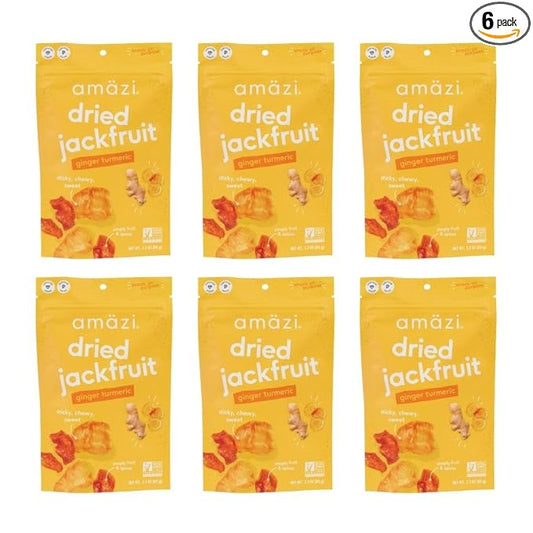 Am채zi Foods | Ginger Turmeric Dried Jackfruit (6 Pack) | All Natural Snacks | Gluten Free Healthy Dried Fruit Snacks