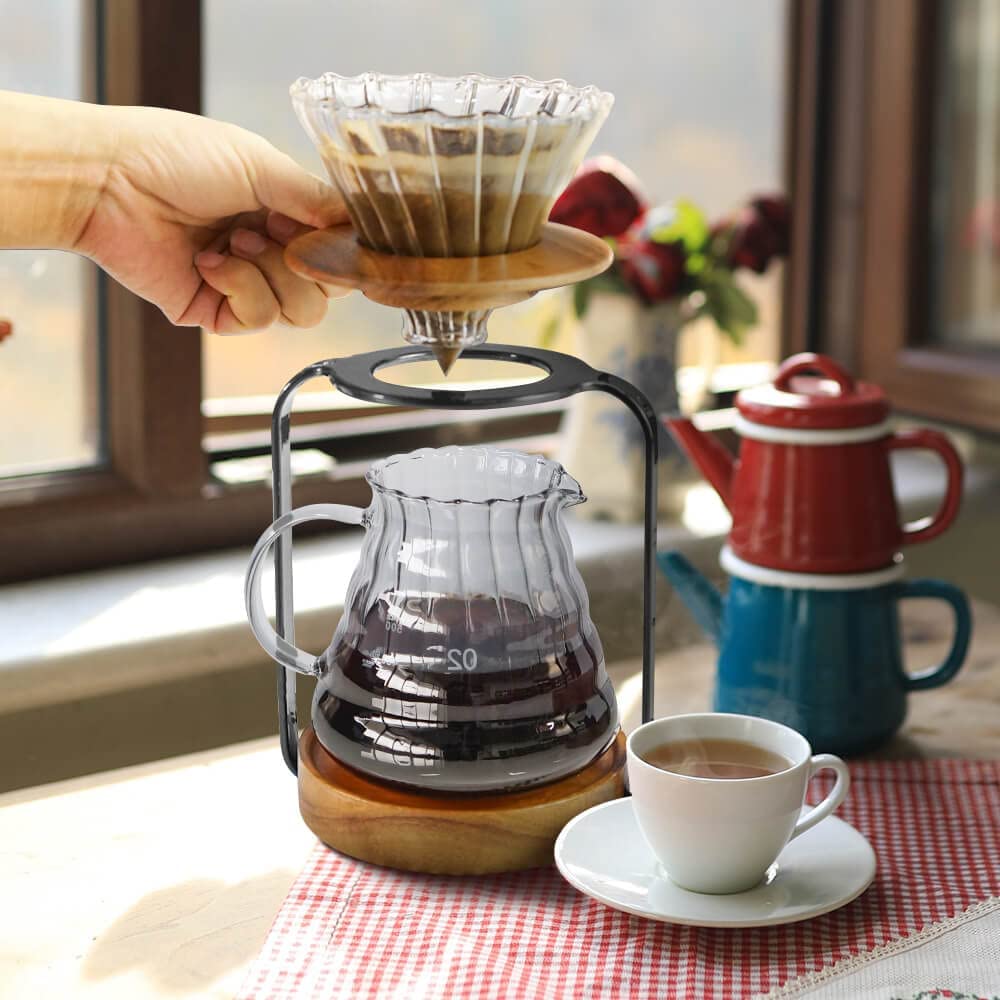 SOTECH Pour Over Coffee Station Dripper Stand Coffee Filter Wooden Filter Holder Glass Server with