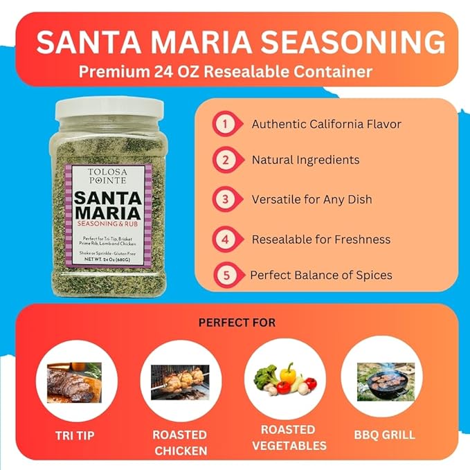 Tolosa Pointe Santa Maria Seasoning & BBQ Rub 24oz ??Authentic California Blend, Gluten-Free, No Preservatives ??Multipurpose Grill Seasoning for Tri-Tip, Steak, Chicken, Pork, Vegetables (1 Pack)