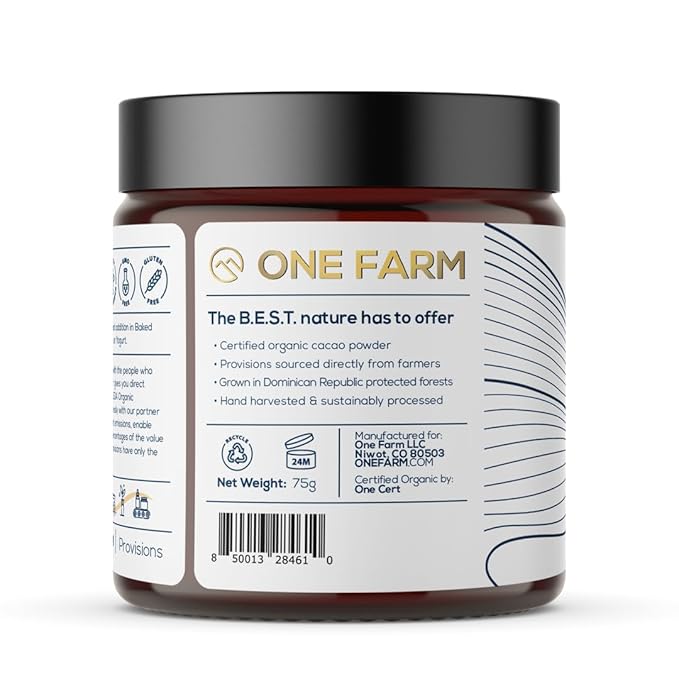 One Farm by WAAYB Organic Cacao, Single Estate, Non-GMO, Fair-Trade, Vegan, Gluten Free, 100% Raw Rizek Cacao in Resealable Bag for Cooking, Smoothies, Lattes & Baking (2.6 oz Jar, Powder)